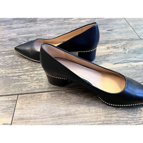 Coach Willa Women 8.5B Black Leather Pointed Toe Block Heel Pumps Gold Bead Logo - Picture 4 of 10